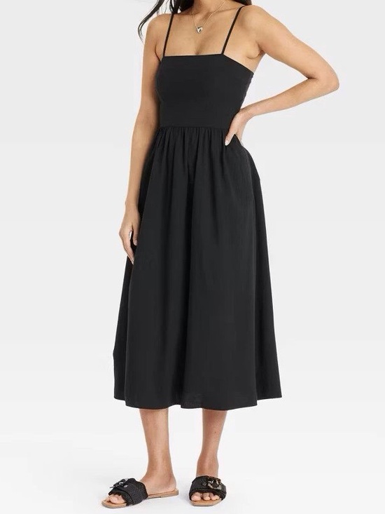 Dresses & Skirts - Elegant Black Square-Neck Midi Dress with Spaghetti Straps